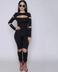 Women Bodycon Jumpsuit Long Sleeve Hollow Out Fahion Sexy Club Overalls Bodysuit Rompers Womens Jumpsuits