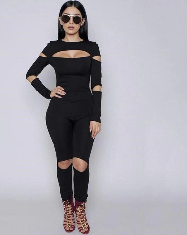 Women Bodycon Jumpsuit Long Sleeve Hollow Out Fahion Sexy Club Overalls Bodysuit Rompers Womens Jumpsuits