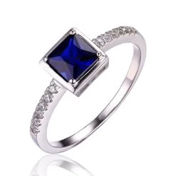 Square 0.9ct Created Blue Sapphire Solitaire Ring 925 Sterling Silver Jewelry For Fashion Women Fine Jewelry