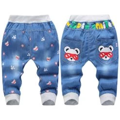 Fashion Kids Jeans Elastic Waist Straight Cartoon Jeans Denim Seventh Pants Jeans For Kids 2-5 Y