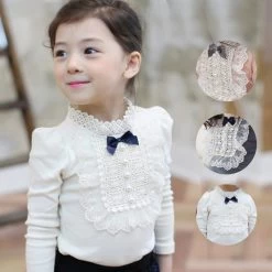 Autumn Longsleeve Cotton T-shirt Girls Top Fashion Baby Kids Clothes With Lace And Bowknot Korean Style Children Girl Tops